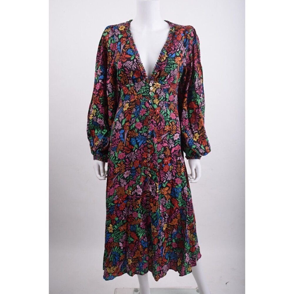 Farm Rio Women Midi Dress Tropical Garden S Multicolor Floral Balloon sleeve NWT